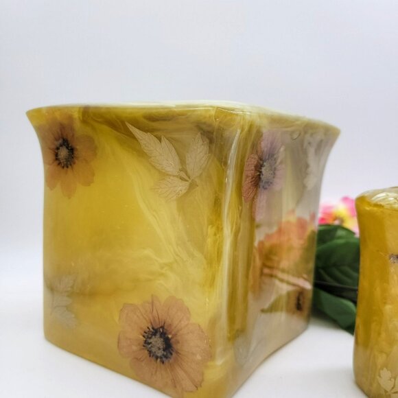 3 Pc Bathroom Set Tissue Box Toothbrush Holder Canister Pressed Flowers Acrylic - Picture 3 of 16